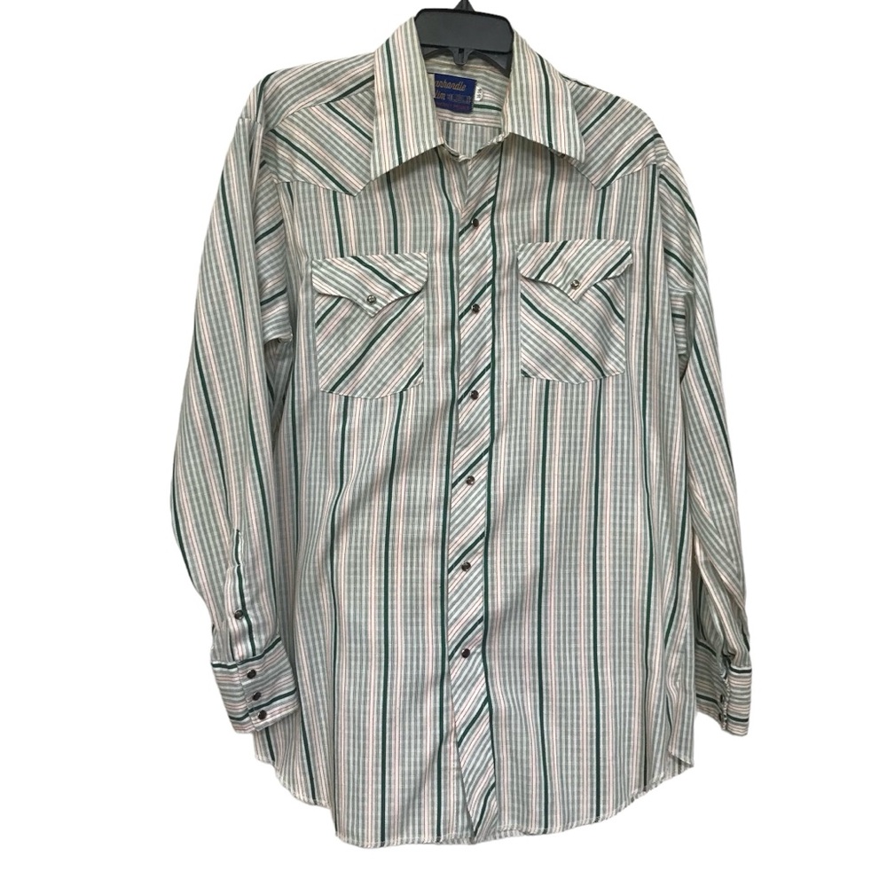 Vintage Pandhandle Slim Western Cowboy Green Stripe Shirt Mens 16 34 L